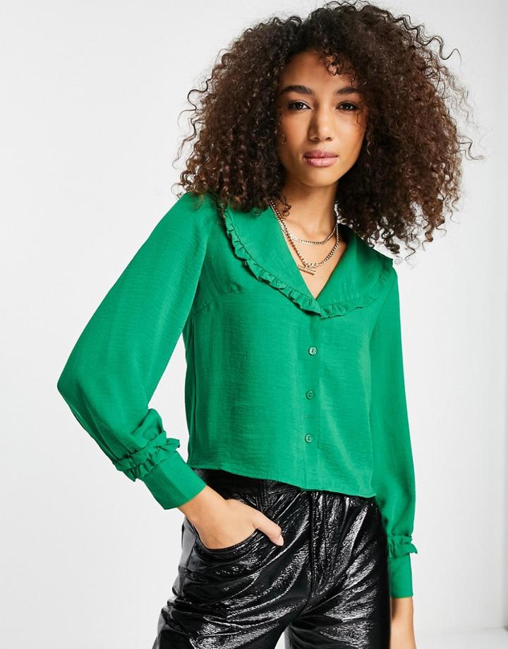 Topshop Textured Frill Collar Shirt In Green