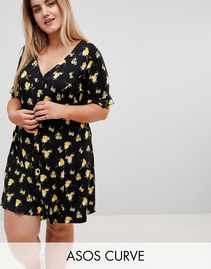 Asos Design Curve Button Through Tea Dress With Frill Sleeve In Marigold Print - Multi