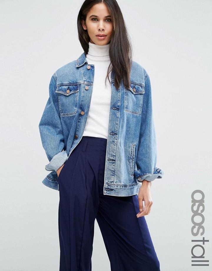 Asos Tall Denim Girlfriend Jacket In Astrid Mid Stonewash Blue - Blue