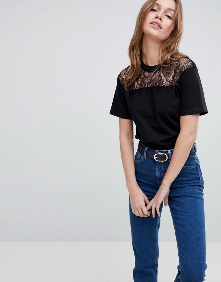 Asos Design T-shirt With Lace Yoke Panel And Elasticated Hem - Black