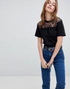 Asos Design T-shirt With Lace Yoke Panel And Elasticated Hem - Black