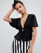Asos Design Crop Top With Double Tie Front With Flutter Sleeve - Green