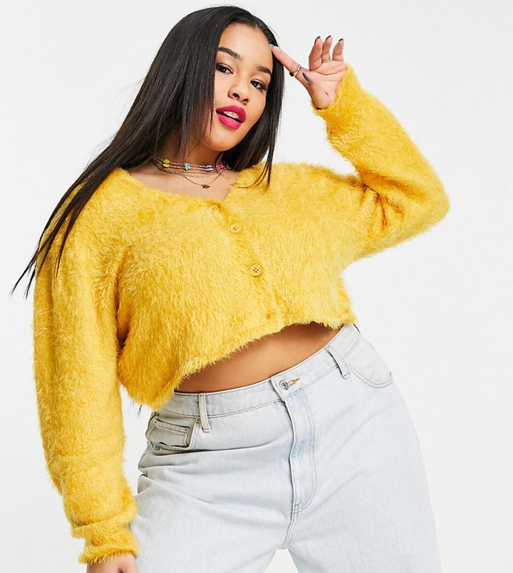 Collusion Plus Fluffy Cardigan In Ochre Yellow