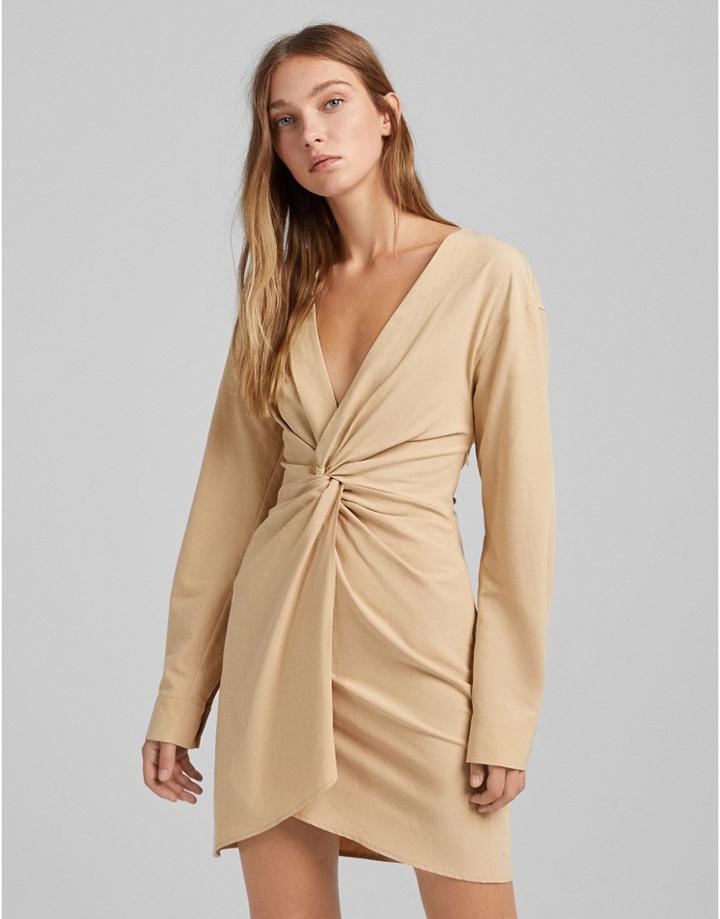 Bershka Twist Front Shirt Dress In Beige-neutral