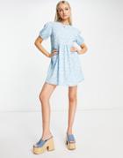 Daisy Street Mini Smock Dress In Baby Blue Floral-multi