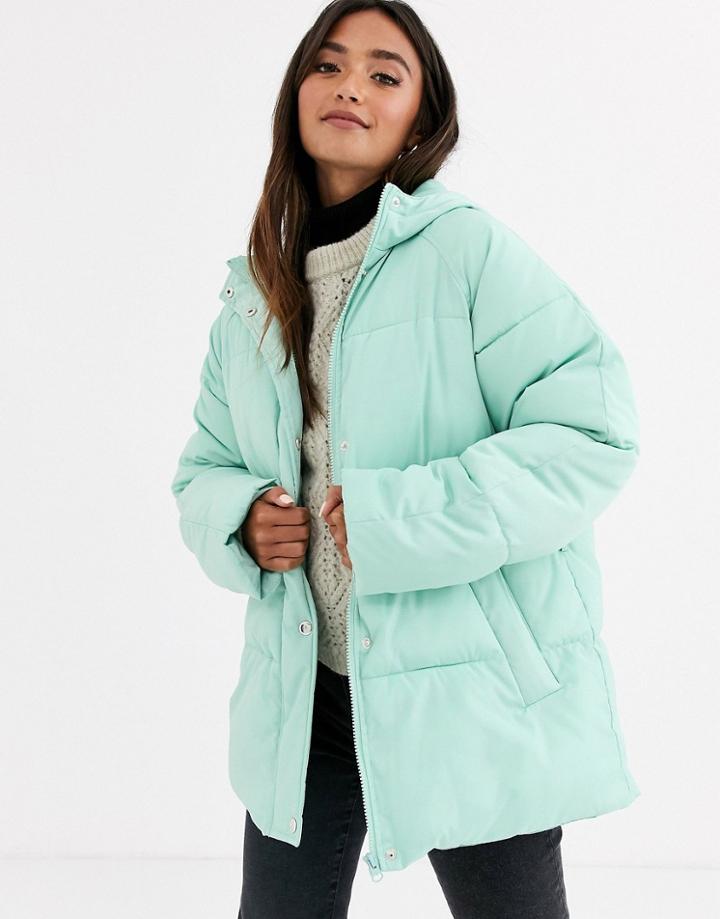 Asos Design Puffer With Tie Waist Jacket In Mint - Green
