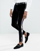 Asos Super Skinny Pants In Black Velvet With Floral Side Stripe - Black