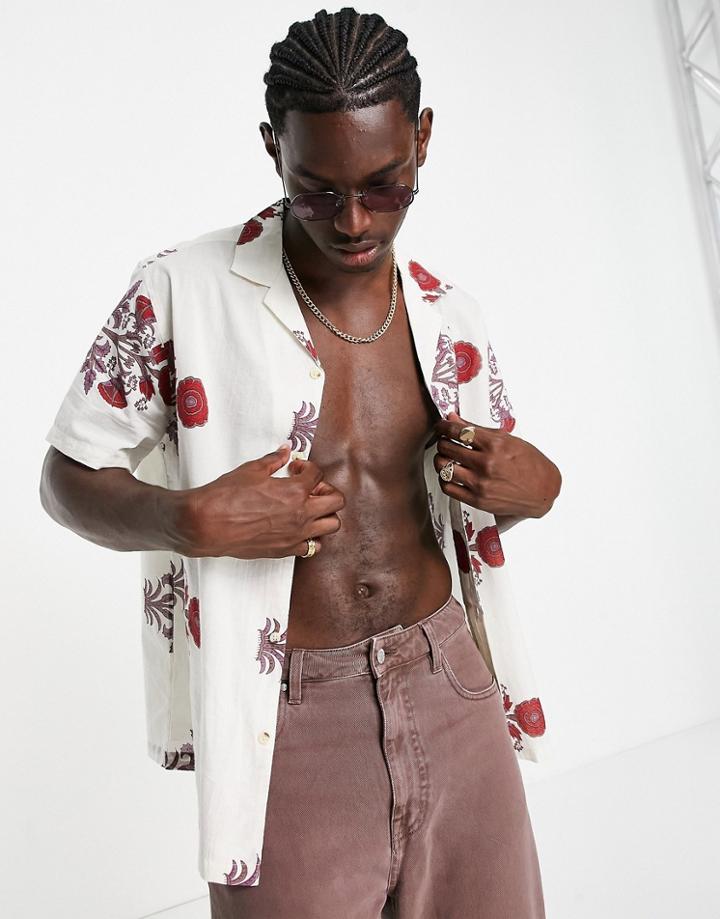 Asos Design Relaxed Revere Shirt In Off White Eastern Floral Print