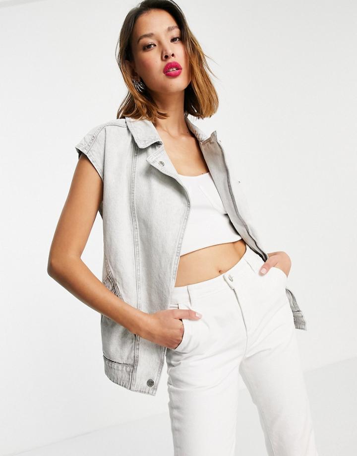 Only Denim Belted Vest In Light Gray-grey