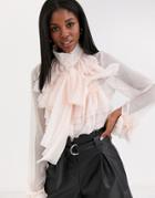 Little Mistress Chiffon Top With Ruffle Detail And Pussy Bow In Pearl Pink