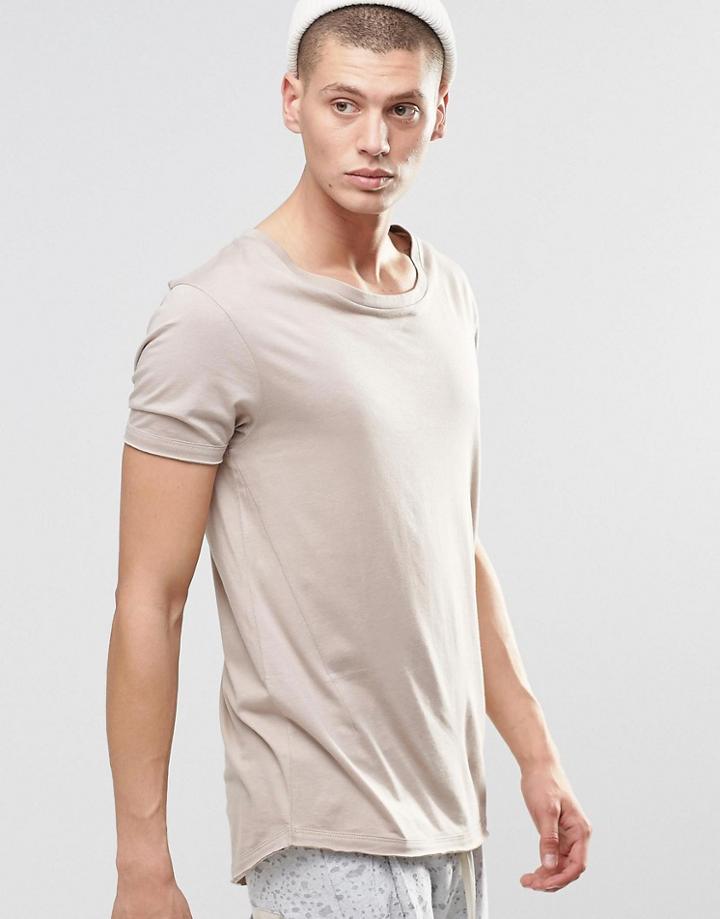 Asos Longline T-shirt With Stretch Neck And Drop Hem In Beige - Creamy Mush