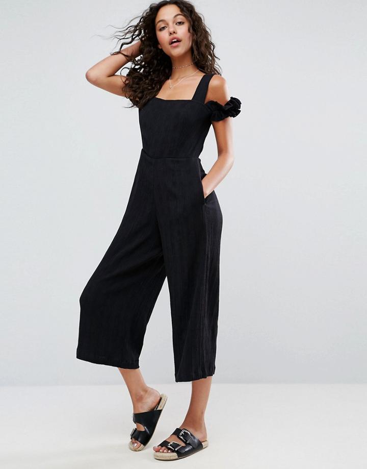 Asos Jumpsuit With Cold Shoulder In Crinkle - Black