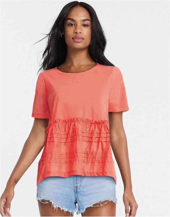 River Island Poplin Ruffle Smock Top In Coral-orange