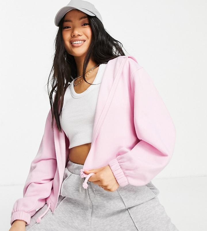 Asos Design Petite Boxy Zip Thru Hoodie In Pink