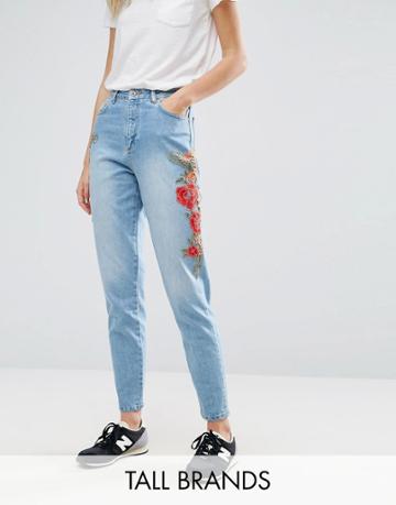 Kubban Tall Floral Embroidered Side Mom Jeans - Blue