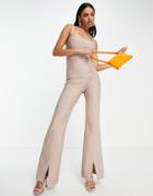 Band Of Stars Premium Square Neck Bandage Jumpsuit With Zip Back In Stone-neutral