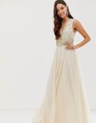 Asos Design Maxi Dress With Pearl And Sequin Embellished Drape Bodice - Gold