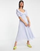 Asos Design Ruched Front Pleated Midi Dress With Shirred Waist In Chevron Textured In Pale Blue-blues