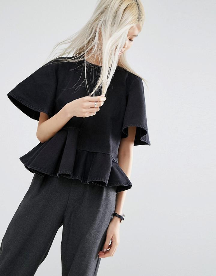 Asos White Denim Stepped Peplum Hem Top - Black