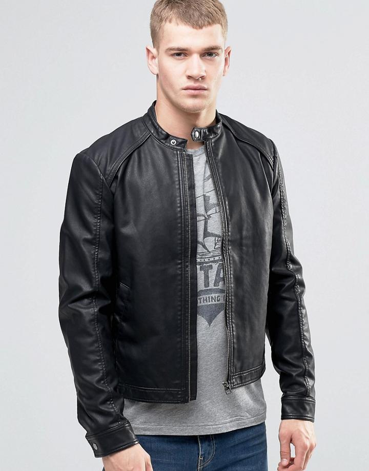 Jack & Jones Originals Faux Leather Biker Jacket - Black