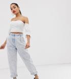 Asos Design Petite Tapered Boyfriend Jeans With Curved Seams In Bleach Acid Wash-blue
