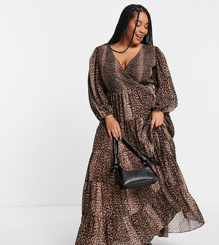 Asos Design Curve Shirred Wrap Tiered Skirt Maxi Dress In Animal Print-multi