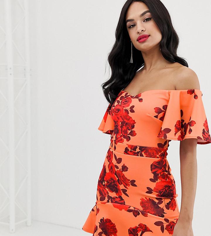 True Violet Exclusive Frill Bardot Mini Dress In Floral Print-multi