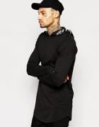 Asos Longline Long Sleeve T-shirt With Printed Hood - Black