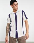 Asos Design Relaxed Revere Shirt In Pink And Green Retro Stripe