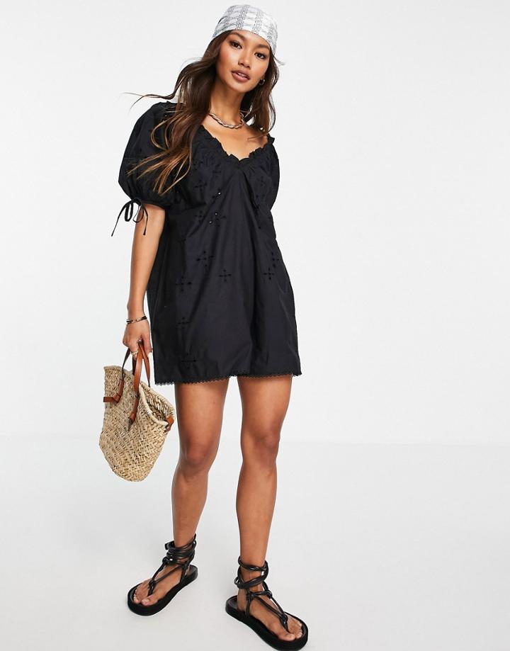 River Island Textured Puff Sleeve Romper In Black