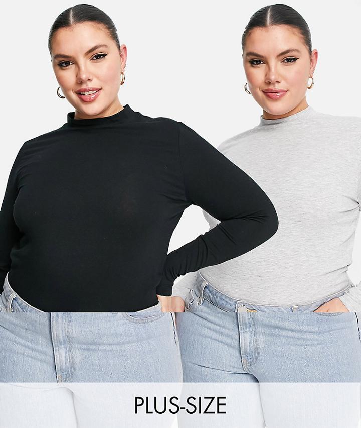 Simply Be 2 Pack High Neck Long Sleeve T-shirts In Black And Gray-multi