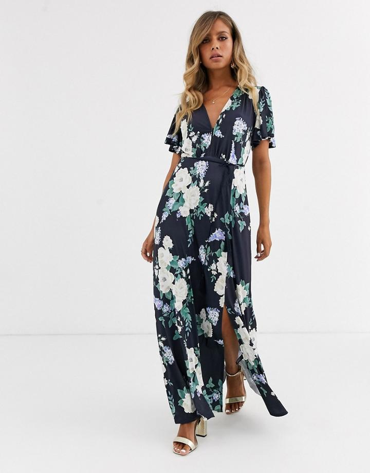 Asos Design Floral Flutter Sleeve Maxi Dress With Tassle Belt - Multi