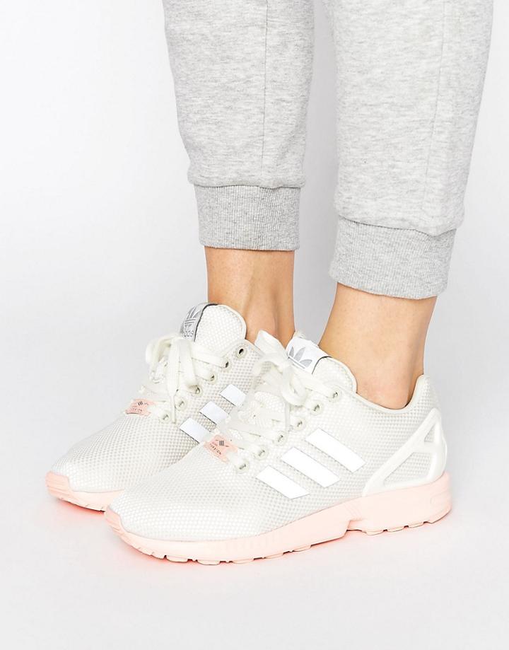 Adidas Originals White Zx Flux Sneakers With Pink Sole - White