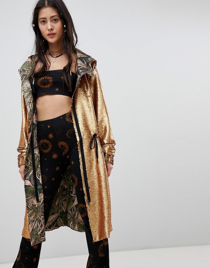 Native Rose Oversized Parka Jacket In Premium Sequin - Gold