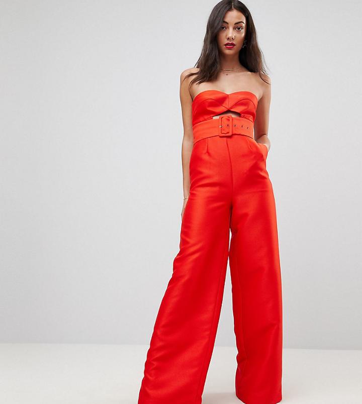 Asos Tall Bandeau Jumpsuit With Cut Out And Belt Detail - Red