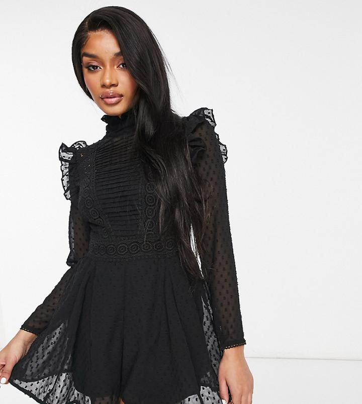 Asos Design Petite Textured Lace High Neck Romper-black