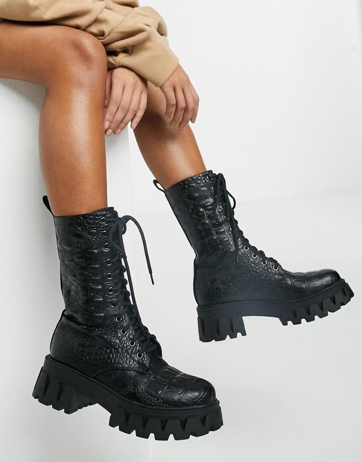 Koi Footwear Fontaine Vegan Chunky Boots In Black Croc