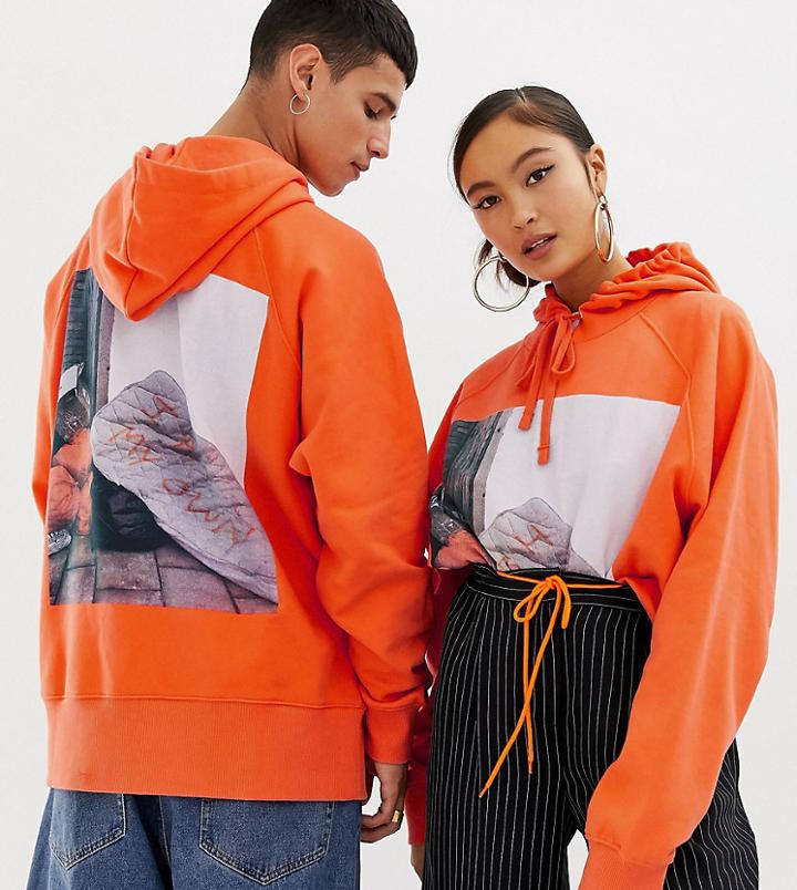 Collusion Unisex X Rene Matic Oversized Printed Hoodie In Orange - Orange