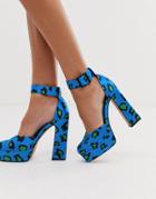 Asos Design Presta Square Toe Platform High Heels In Bright Blue Leopard - Multi