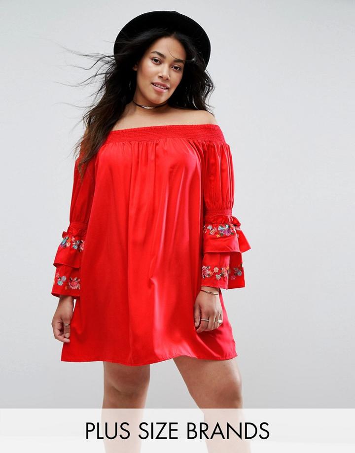 Rage Plus Sheared Bandeau Dress With Embroidered Sleeve - Red