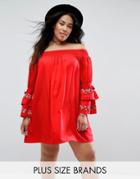 Rage Plus Sheared Bandeau Dress With Embroidered Sleeve - Red
