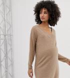 Asos Design Maternity Ripple Stitch Deep V Mini Sweater Dress In Eco Yarn - Stone