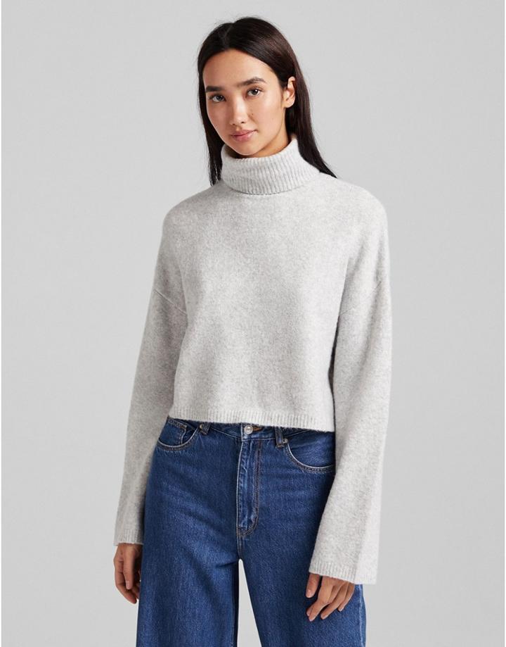 Bershka Roll Neck Cropped Sweater In Gray Heather-grey