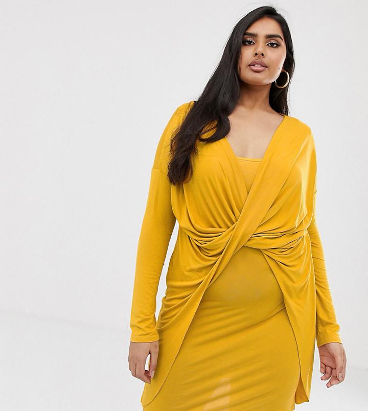Koco & K Plus Soft Touch Ruched Knot Front Mini Dress In Mustard - Yellow