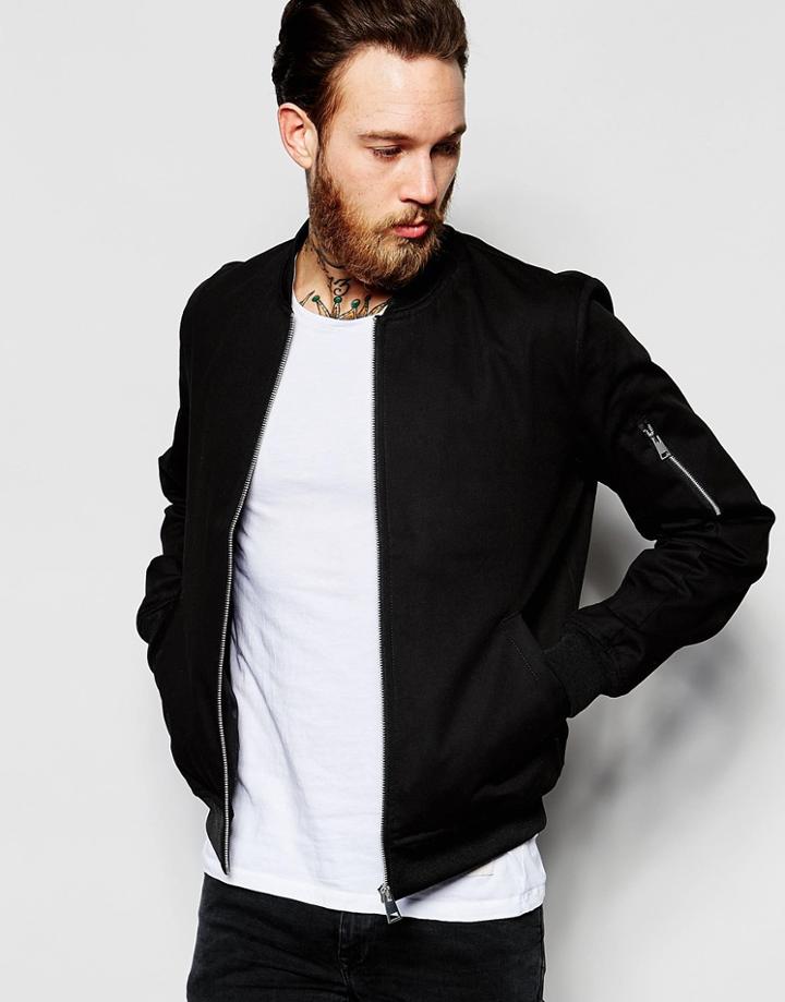 Asos Bomber Jacket With Sleeve Zip In Black - Black