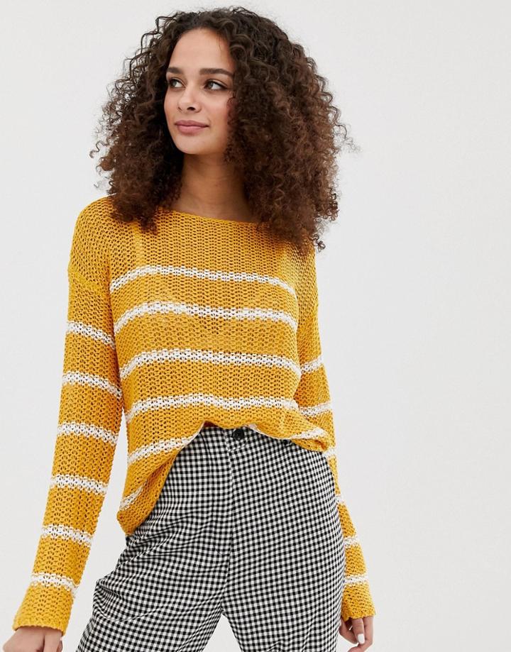 Brave Soul Striped Loose Fit Textured Stitch Sweater In Gold - Yellow