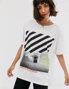 Noisy May Graphic Front Contrast Stitch Oversized Tee - Multi