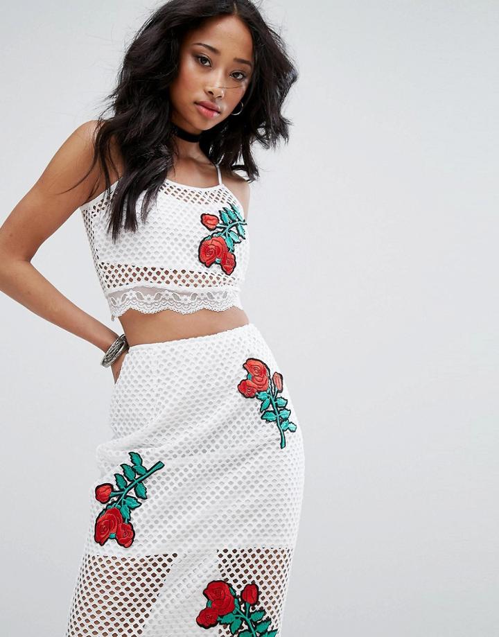 Prettylittlething Fishnet Floral Applique Lace Trim Top - White