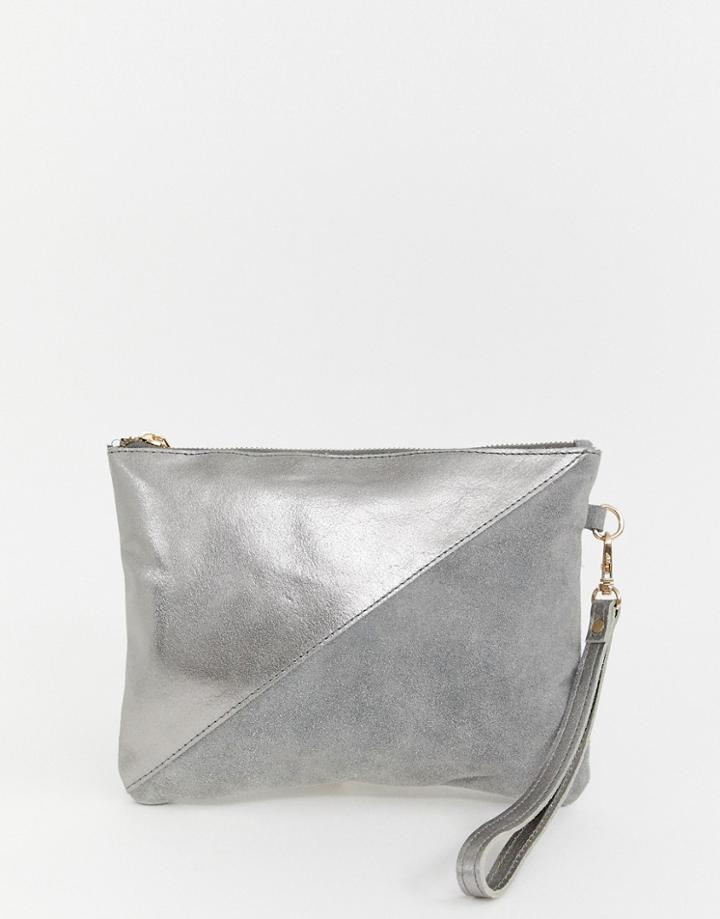 Urbancode Metallic Silver Real Leather Clutch With Wrist Strap - Silver