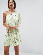 Asos Floral One Shoulder Pleated Mini Dress - Multi